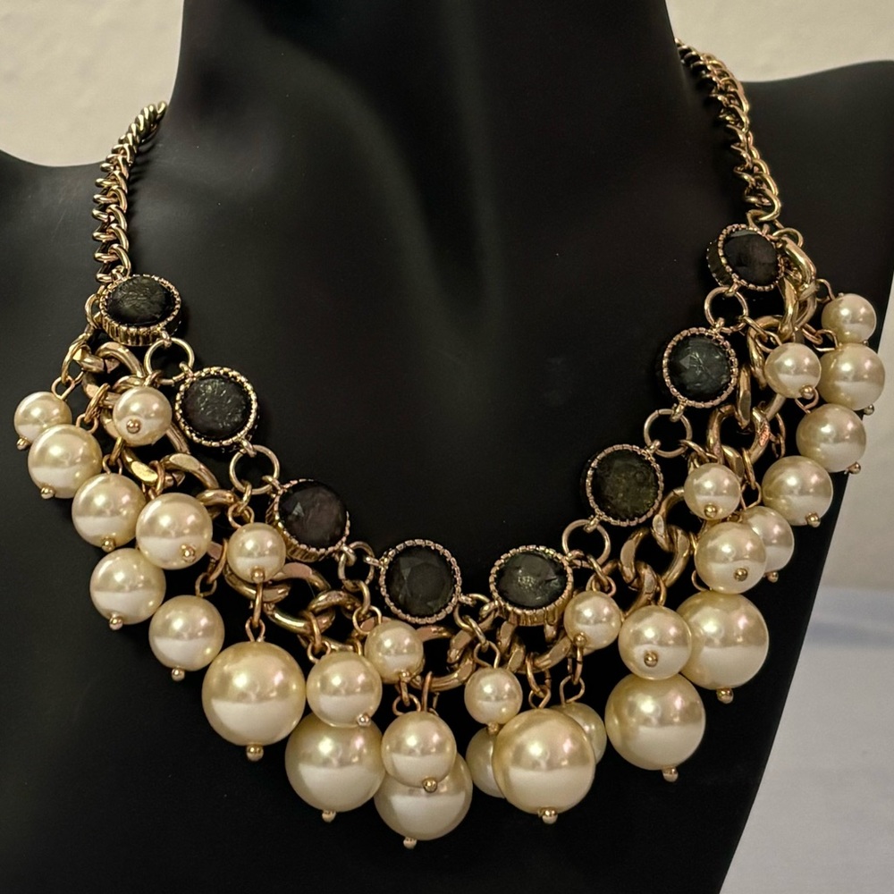 Bib Necklace with Cream Faux Pearls and Black Gemstones
